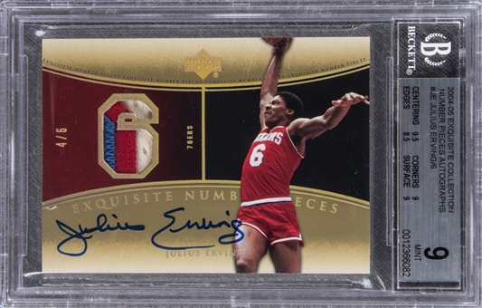 2004-05 UD "Exquisite Collection" Number Pieces Autographs #JE Julius Erving Signed Game Used Patch Card (#4/6) – BGS MINT 9/BGS 10